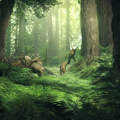 Prompt: deep forest with mystical creatures, rendered in octane, magic, love energy, nature, lush green environment, rendered octane