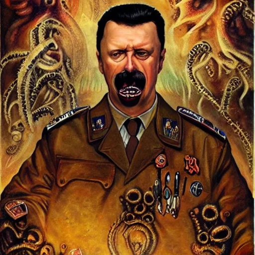 Image similar to igor ivanovich strelkov became an aggressive lovecraftian degenerate calling for total mobilization, photo - realistic, color image, 2 k, highly detailed, bodyhorror, occult art