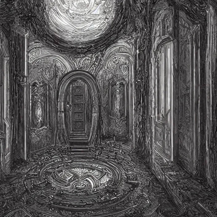 Image similar to ominous mysterious dark etherial gate in the void, midnight, quiet and serene, deviantart, hall of mirrors, official art, concept art, intricate high detail masterpiece