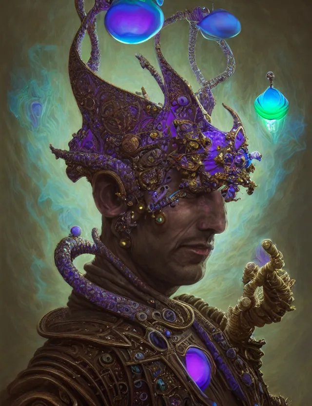 Prompt: front shot of a court jester character, hyperdimensional, bioluminescent hypercubes, ((intricate)), elegant, highly detailed, centered, (((artstation, concept art, smooth, sharp focus, artgerm, Tomasz Alen Kopera, Peter Mohrbacher, donato giancola, Joseph Christian Leyendecker, WLOP, Boris Vallejo))), mugshot!!!!!, ugly!!!!!!, octane render, nvidia raytracing demo, grainy, muted, 8K, digitalblasphemy