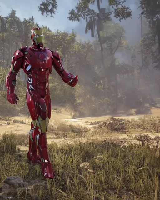 Image similar to green iron man suit in red dead redemption 2, cinematic, photorealistic