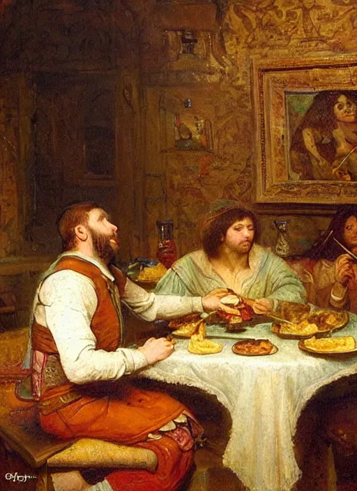 Prompt: young man eating a burger in a medieval dinning room, surrounded by starving people in front of a giant painting, extremely realistic and highly detailed painting by gaston bussiere, soft light, gold ratio