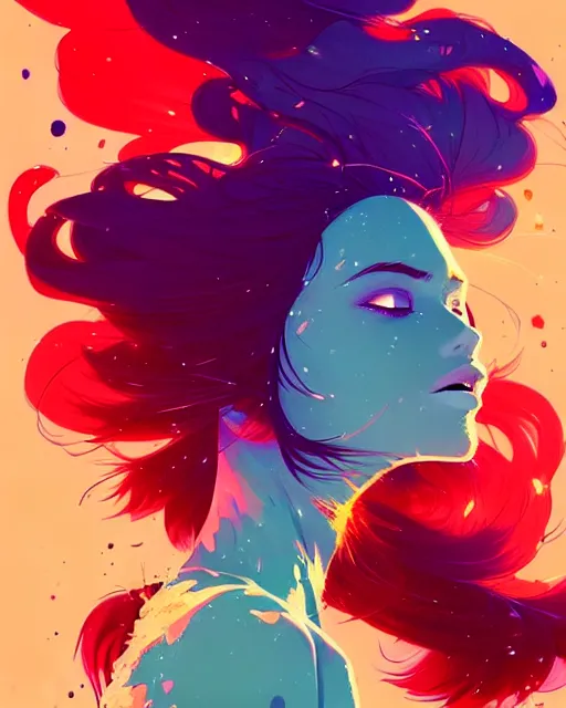 Prompt: a ultradetailed beautiful panting of a woman with a colorful explosion coming out of her hair, by conrad roset, greg rutkowski and makoto shinkai, trending on artstation