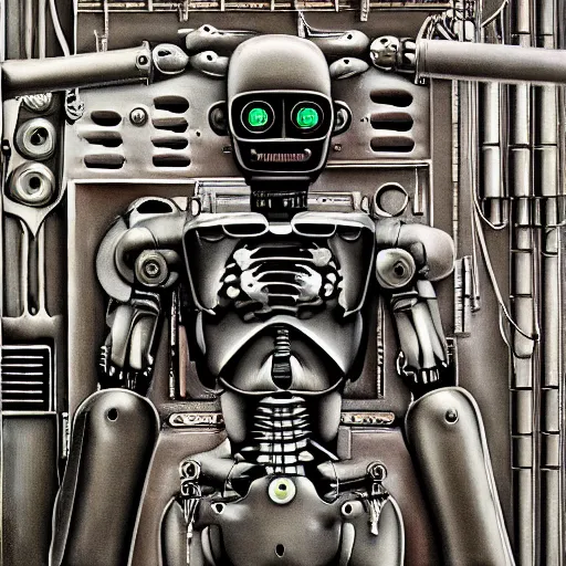 Image similar to a robot with a creepy smile laying down performing an operation on itself, metal, intricate, by h. r. giger