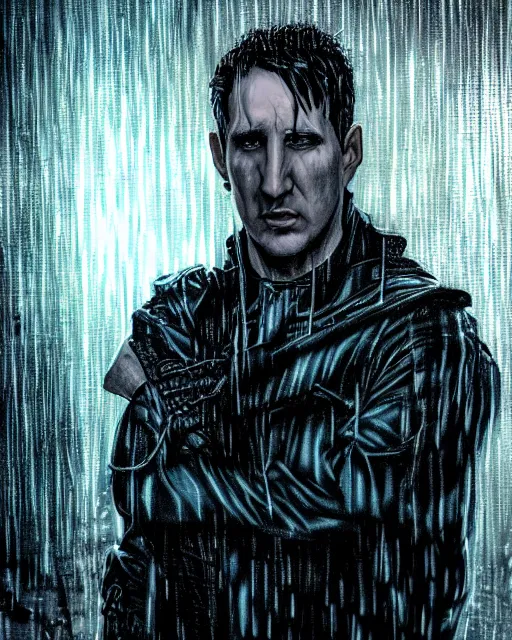 Image similar to An epic fantasy comic book style portrait painting of a very imposing Industrial goth Trent Reznor in the rain, wet hair, neon reflections, character design by Mark Ryden and Pixar and Hayao Miyazaki, unreal 5, DAZ, hyperrealistic, octane render, cosplay, RPG portrait, dynamic lighting, intricate detail, cinematic