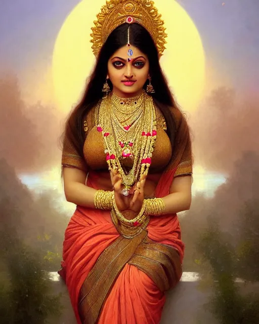 Image similar to Aishwarya Rai as a beautiful Hindu Goddess, gorgeous, portrait, Symmetrical, powerful, intricate, beautiful, masterpiece, elegant, volumetric lighting, highly detailed, digital painting, hyper-realistic, artstation, sharp focus, no blur, illustration, William-Adolphe Bouguereau Raja Ravi Verma, ruan jia