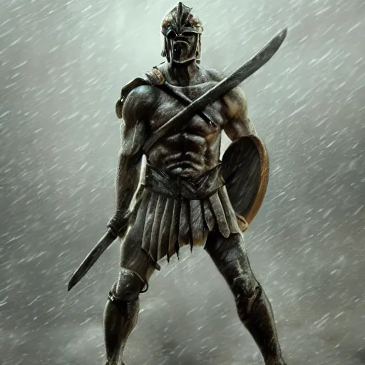 Prompt: one spartan standing in the rain and 100 spears are flying into his direction, award winning, trending on artstation, unreal engine