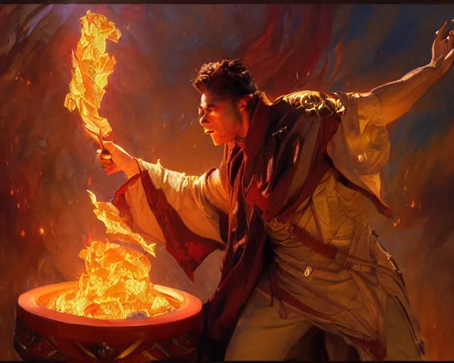 Image similar to attractive male wizard casting powerful fire spell. highly detailed painting by gaston bussiere, craig mullins, j. c. leyendecker 8 k