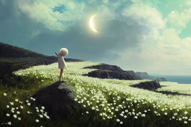 Image similar to giant white daisy flower over the head, girl standing on cliff, surreal photography, solar eclipse, milky way, dramatic light, impressionist painting, clouds, digital painting, artstation, james gilleard, liam wong, jeremy mann, simon stalenhag