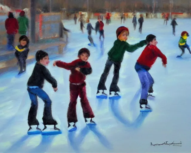 Prompt: Children ice skating. Oil painting by Norbert Schwontkowski.