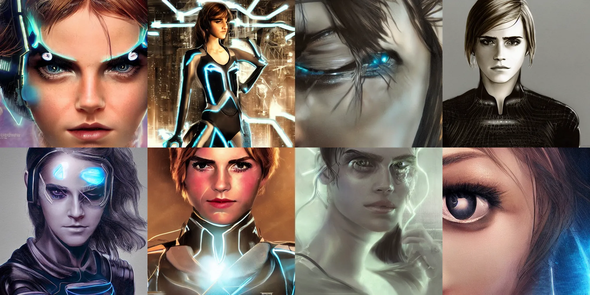 Prompt: closeup shot of emma watson in tron legacy cosplay, concept art, by artgerm and luis royo