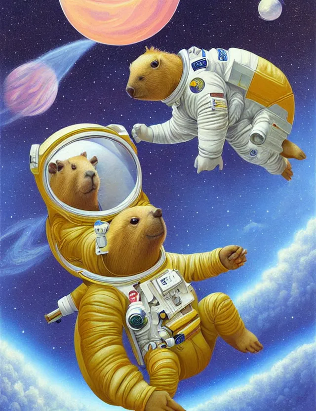 Image similar to beautiful detailed and adorable painting of a capybara astronaut in a spacesuit floating above earth by casey weldon by mark ryden by thomas blackshear, super cute, new contemporary, pop surrealism, oil painting