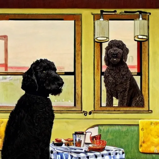 Image similar to Black Goldendoodle with a bright face and a puppy sitting at a diner drinking a cup of coffee, looking melancholy, Norman Rockwell style