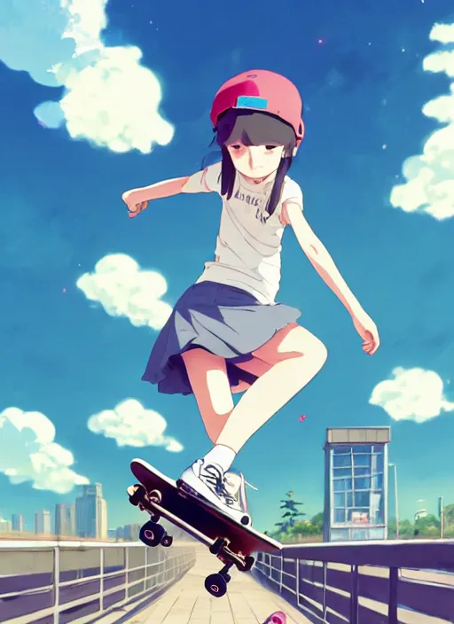 Image similar to a cute skater girl skating on obstacles, sunny sky background, city landscape, illustration, concept art, anime key visual, trending pixiv fanbox, by wlop and greg rutkowski and makoto shinkai and studio ghibli and kyoto animation, symmetrical facial features, urban clothing, piercings, realistic anatomy, backlit, polaroid