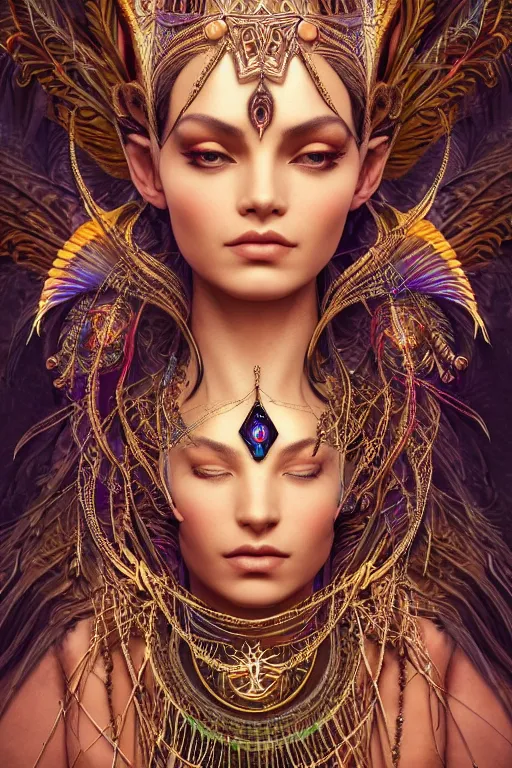 Image similar to a centered photo of a single alluring mystical tribal goddess adorned with feathers and gemstones and cables and synthesizer parts is surrounded by sacred geometry made from elven architecture, full body, gorgeous, perfect face, powerful, cinematic, beautifully lit, by artgerm, by karol bak, 3 d, trending on artstation, octane render, 8 k