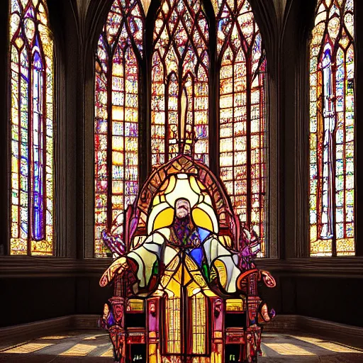 Prompt: an ultra detailed stained glass window of the evil patriarch with pitch black eyes wearing his royal robes and sitting imperiously on his throne high in the cathedral, concept art, incense smoke drifting through the air, portrait, artstation, volumetric lighting, exquisite detail, octane render, 8 k postprocessing, art by john collier and albert aublet