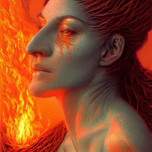 Image similar to A stunning portrait of a goddess, her body made of flames, by Wayne Barlowe, 8K UHD, intricate, fantasy, Trending on artstation.