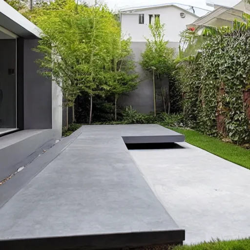 Image similar to small elongated concrete backyard, modern style.