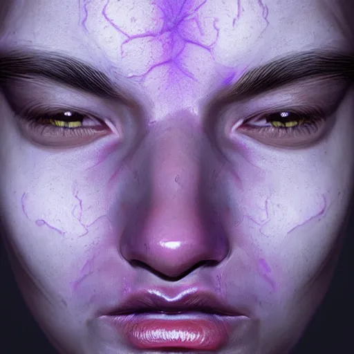 Prompt: face with lines of purple goo hyperrealistic portrait, photo realistic, poster, artstation, volumetric lighting, digital art, very detailed face by magali villeneuve