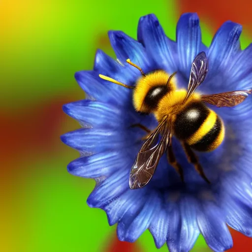 Prompt: 3 d render of a bee, close up shot, blurry background