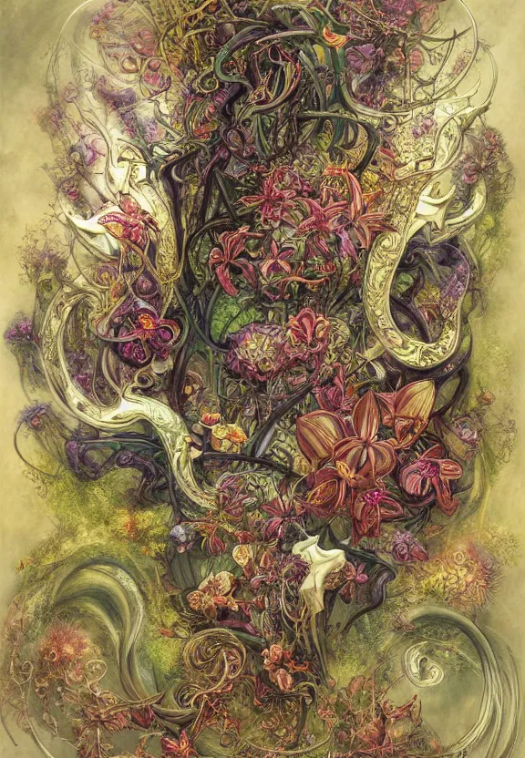 Image similar to simplicity, elegant, colorful muscular eldritch orchids, lilies, flowers radiating from fractal, mandalas, by h. r. giger and esao andrews and maria sibylla merian eugene delacroix, gustave dore, thomas moran, pop art, cyberpunk, art nouveau