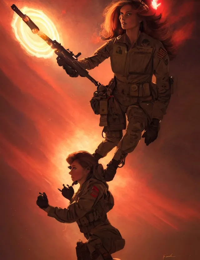 Image similar to a brown - haired woman in a military uniform hovering in the air glowing with red light and crackling energy, by frank fazetta and peter mohrbacher, trending on artstation, digital art, 4 k resolution, detailed, high quality, sharp focus, hq artwork, coherent, insane detail, concept art, character concept, character full body portrait