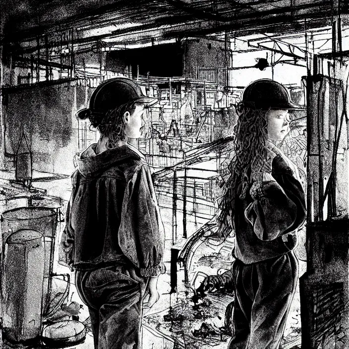 Image similar to sadie sink in dirty workmen clothes waves goodbye to workmen. background : factory, dirty, polluted. technique : black and white pencil and ink. by gabriel hardman, joe alves, chris bonura. cinematic atmosphere, detailed and intricate, perfect anatomy