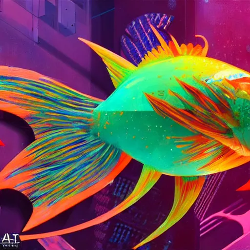 Image similar to fish pinata inside out, vivid color, highly detailed, cyberpunk, digital painting, artstation, concept art, matte, sharp focus