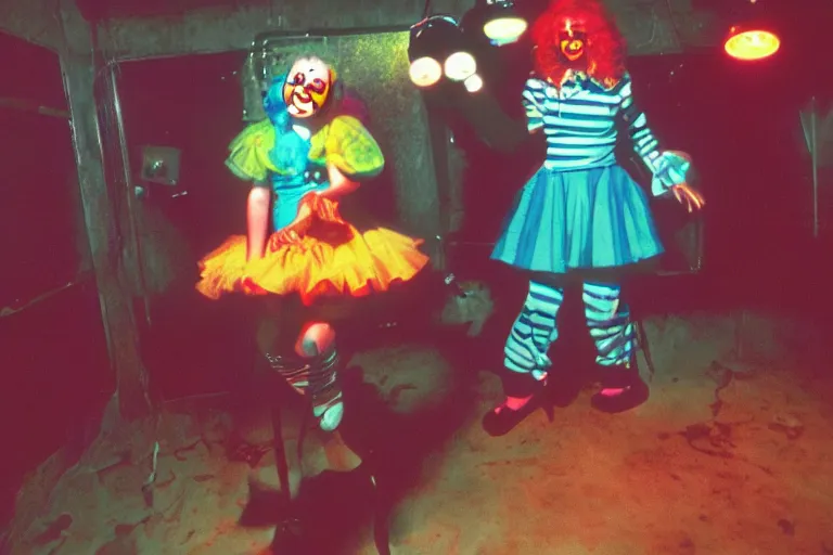 Image similar to clowngirl in clowncore funhouse, in 2 0 5 5, y 2 k cutecore clowncore, low - light photography, bathed in the glow of a crt monitor, still from a ridley scott movie