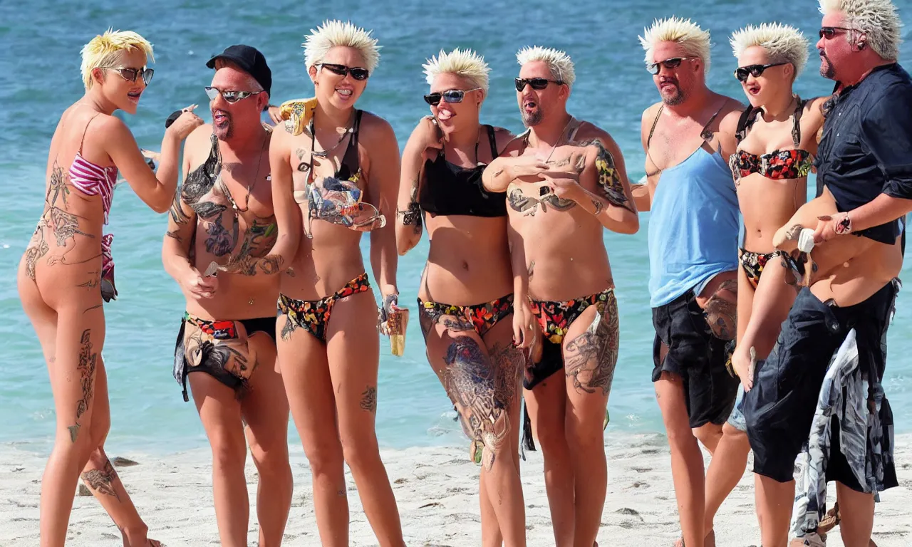 Image similar to olivia munn and miley cyrus and guy fieri on a vacation at the beach