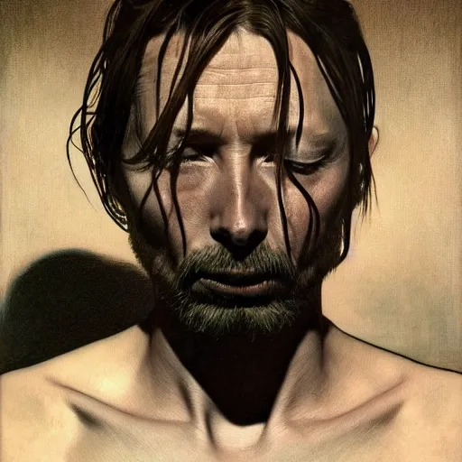 Image similar to hyper realistic, variations portrait of smooth old thom yorke hairless, strong variations singer songwriter, ( side ) profile, liminal space, by lee bermejo, alphonse mucha and greg rutkowski, no beard, smooth face