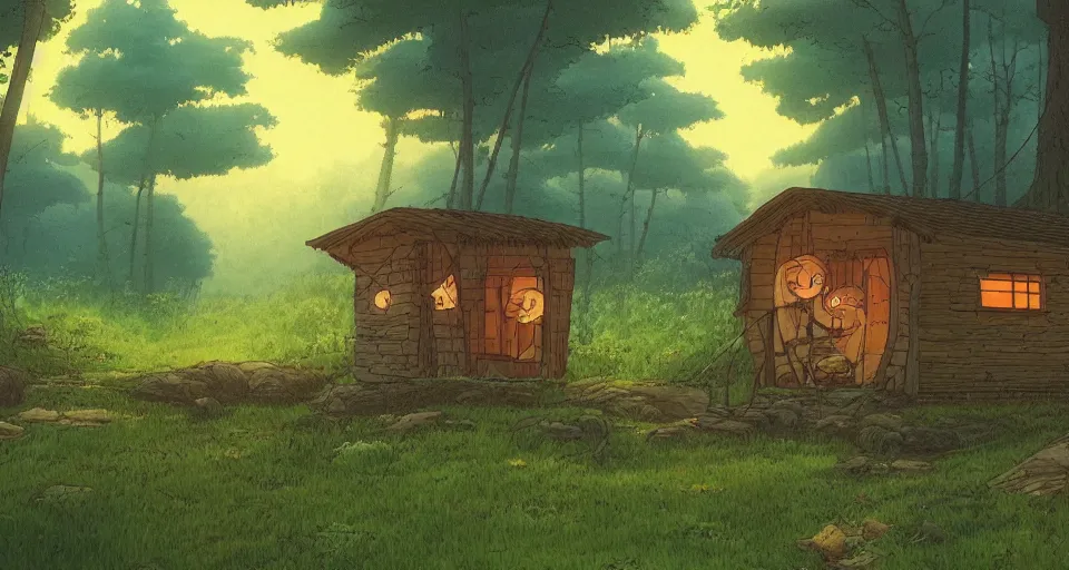 Image similar to beautiful wide shot cozy hut in the forest near river with fireflies , studio ghibli, Miyazaki, studio ghibli, Jean girard, Moebius , animation, golden hour, highly detailed, 70mm