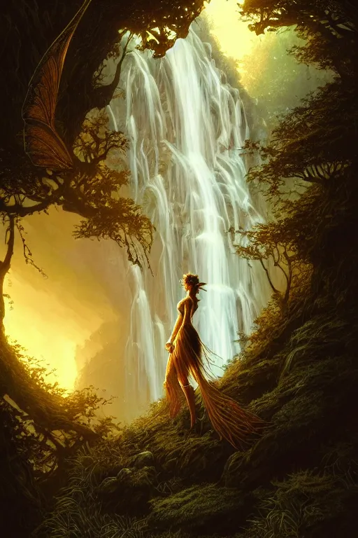 Prompt: detailed intricate digital illustration by greg rutkowski and artgerm and wlop and sanford robinson gifford ; gothic fantasy valley and waterfall faerie fey unseelie in background ; 1 3 mm film, arri alfa anamorphic lens ; sharp focus, golden hour, fireflies ; trending on artstation 8 k closeup