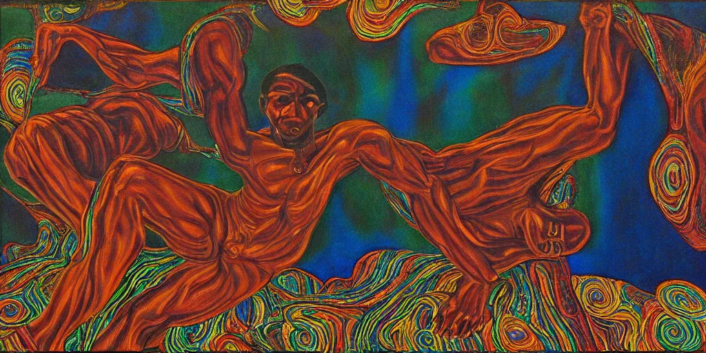 Prompt: an abstract spiritual landscape, portrait of a virile dark - skinned greek god dancing. 2 4 mm, photorealistic, muted color scheme, directed by mati klarwein