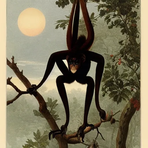 Prompt: spider monkey on a tree, by walton ford, audubon, haeckel, bouguereau