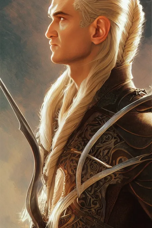 Image similar to legolas, lord of the rings elf, intricate, elegant, highly detailed, digital painting, artstation, concept art, smooth, sharp focus, illustration, art by artgerm and greg rutkowski and alphonse mucha