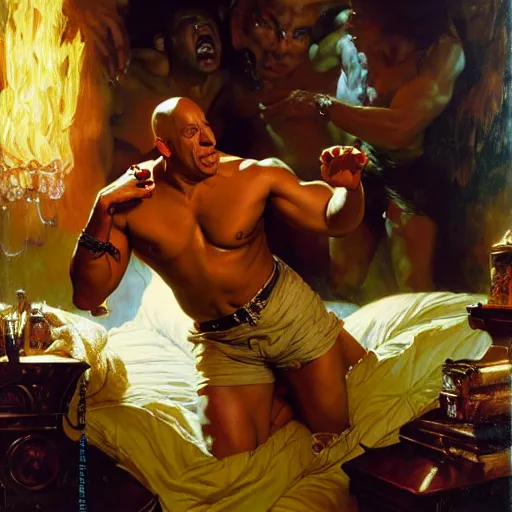 Image similar to vin diesel is in his bed, nervous and terrified, because little richard from hell is attacking him. highly detailed painting by gaston bussiere, j. c. leyendecker, greg rutkowski, craig mullins 8 k