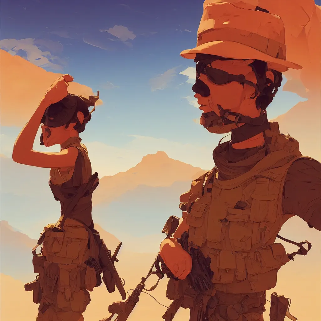 Prompt: desert soldier, smooth face, centered, solid bacgkround, median photoshop filter cutout vector behance, hd by artgerm, jesper ejsing, by rhads, makoto shinkai and lois van baarle, ilya kuvshinov, rossdraws, illustration, art by ilya kuvshinov and gustav klimt