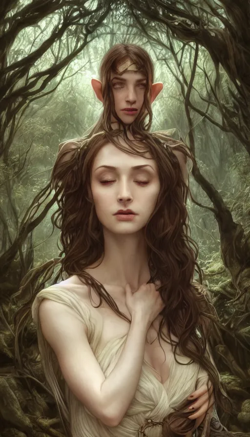 Prompt: fragile sad elvish lady in forest, extremely beautiful, fit, pale, blach hair, warhammer, fame of thrones, lord of the rings, sweaty, intricate, highly detailed, digital painting, artstation, concept art, smooth, sharp focus, illustration, unreal engine 5, 8 k, art by artgerm and greg rutkowski and alphonse mucha