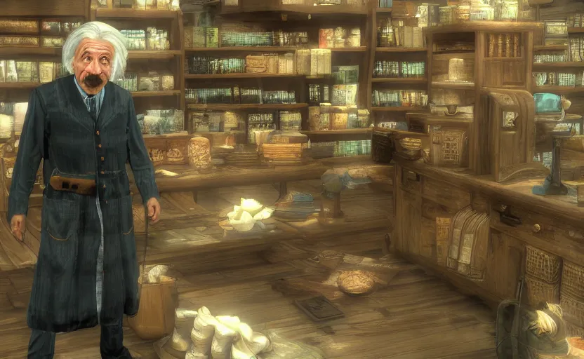 Prompt: Albert Einstein as Skyrim shop keeper. Iinterior, full color, 3d render, game engine, polygons