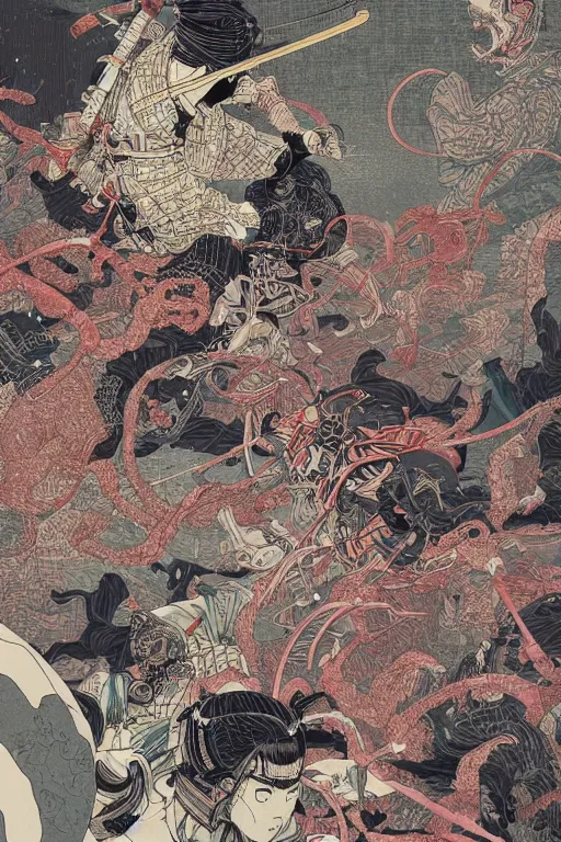 Image similar to hyper detailed illustration of a samurai battle by james jean, yoshitaka amano and victo ngai