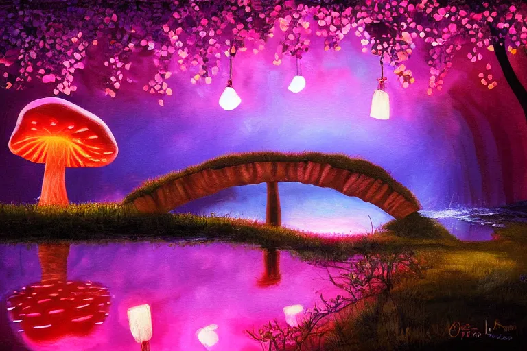 Image similar to a painting of giant mushrooms with lights next to a small bridge, flowing water, digital art, scenic, reds, purples, pink, reflections,