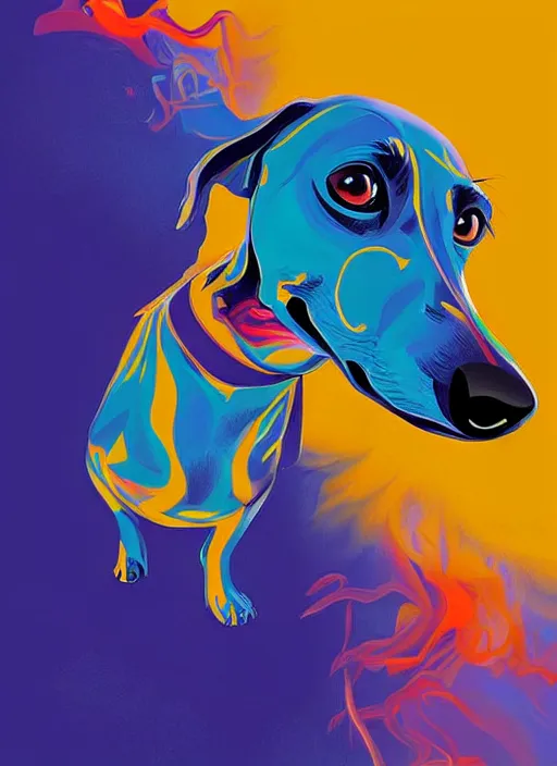 Prompt: a painting of a dachshund facewith its tounge sticking out, with blue and yellow smoke coming out of, a digital painting by petros afshar, behance contest winner, digital art, behance hd, digital illustration, digital painting