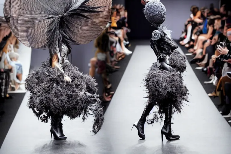 Image similar to a woman walking down a runway with a large cloudy hat on her head, a surrealist sculpture by alexander mcqueen, trending on behance, afrofuturism, made of feathers, whimsical, steampunk