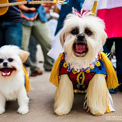 Image similar to a cream-colored Havanese dog and shih tzu dog playing in a mariachi band, at fiesta in Mexico, Leica 35mm, 4K