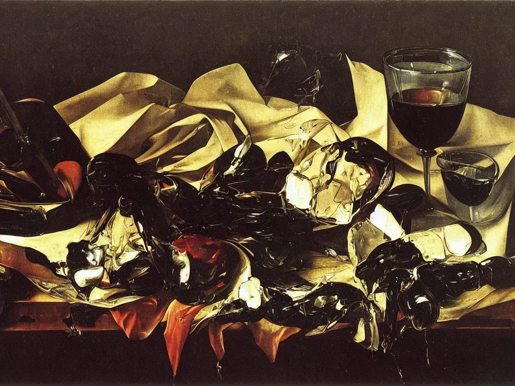 Image similar to by Michelangelo Merisi da Caravaggio Still Life with shattered and whole wine bottles