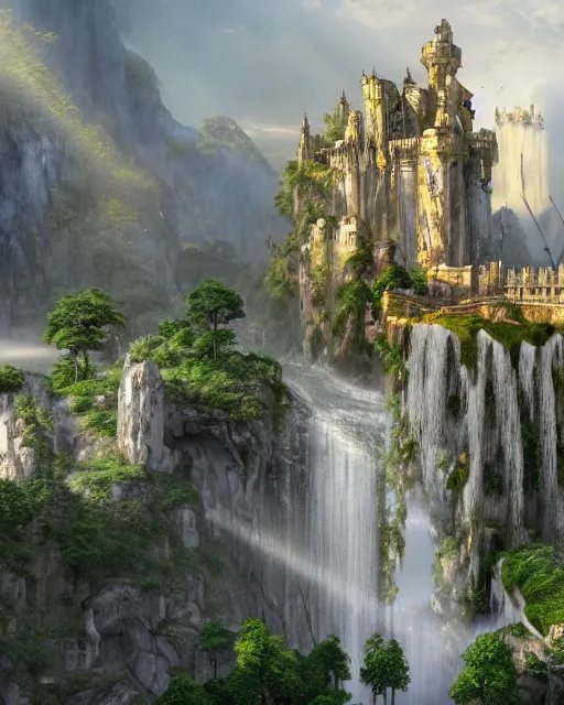 Image similar to a beautiful fantasy landscape of a large majestic castle adorned with gold linings and white marble walls from DND with lots of towers bridges and levels on top of a lush cliff with a huge waterfalls in the middle, ruins of structures at the bottom, afternoon light streaking with god rays, Dungeons and Dragons Castle, ornate, detailed, octane render, 8k, trending on artstation deviantart google images, pinterest, canon 35mm lens