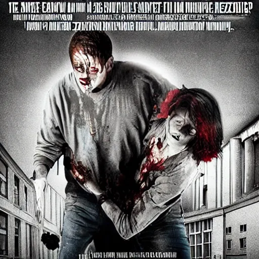 Prompt: a movie poster about two people fighting their way to exit a building containing of zombies