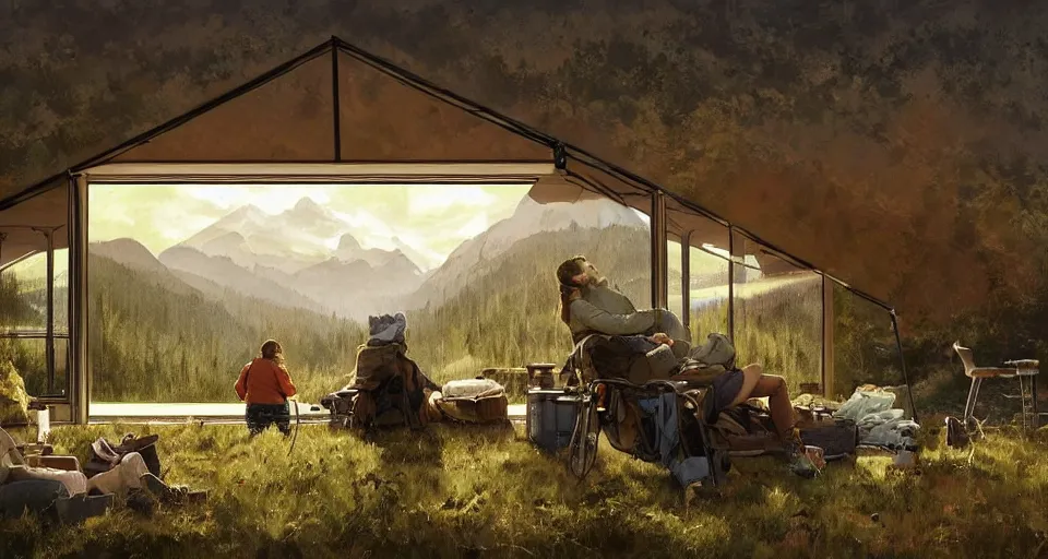 Image similar to cabela's beautiful comfortable carbon framed, modular insulated wall portable container home kit - house all weather family dwelling tent house, person in foreground, mountainous forested wilderness open fields, beautiful views, painterly concept art, environmental concept art, concept art illustration, by james gurney, by craig mullins, by greg rutkowski trending on artstation