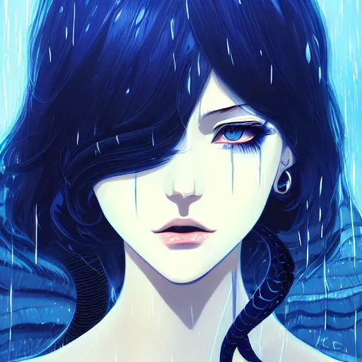 Image similar to beautiful seductive snake - girl, in the rain, highly detailed, painting, dark blue and black color palette, intricate, high quality anime artstyle, in the style of ilya kuvshinov